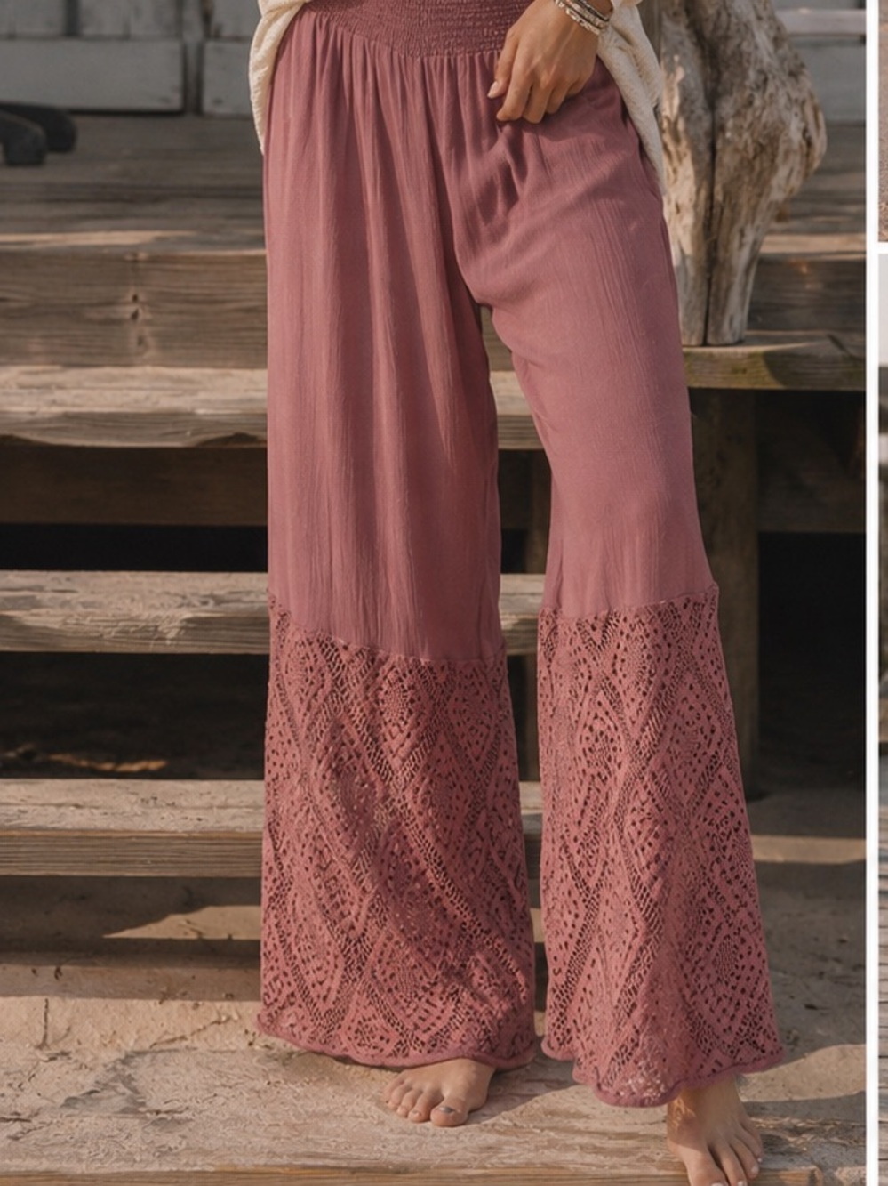 Earthbound Trading Co Boho Lace Wide Leg Pants Mauve Pink Size Small
